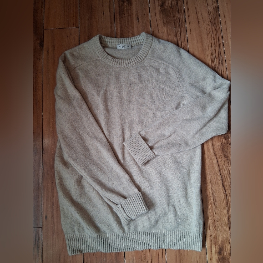 Selected Homme- 100% Lambs Wool Men's Crewneck Sweater in Beige Size Large